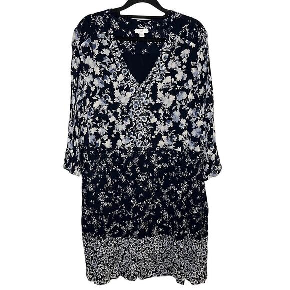 J Jill Floral Midi Dress Blue White Size XL Peasant Cottage Boho Feminine Casual - Picture 1 of 10